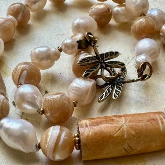 Statement  Necklace: Handmade :Pearls, Snail Shell beads, Sea glass - Picture 4 of 6